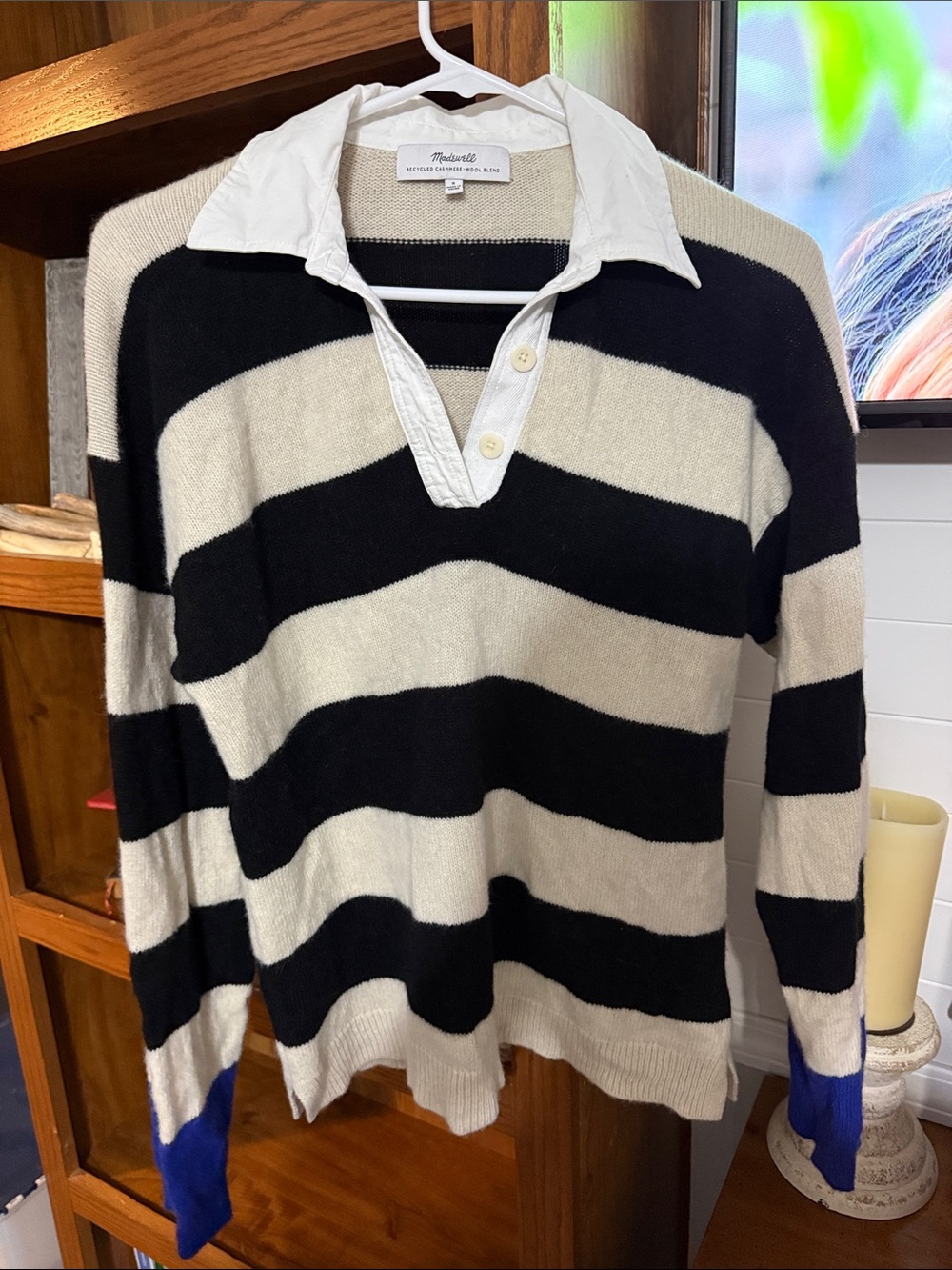 Madewell Black, Cream & Blue Striped V-Neck Rugby Sweater